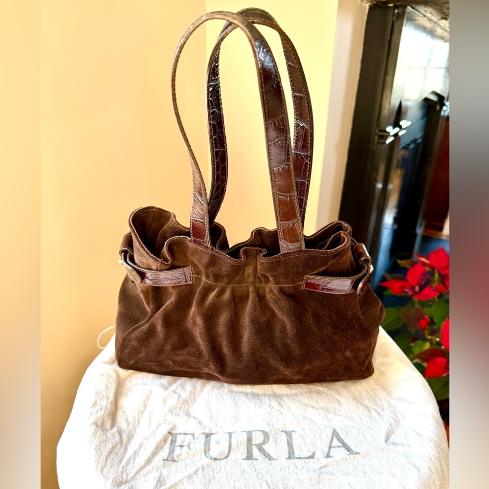Vintage Furla Dark Brown Suede Shoulder Bag